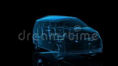 小货车。 黑色和蓝色光泽形成模型大卡车360度旋转。 4k X射线自动动画